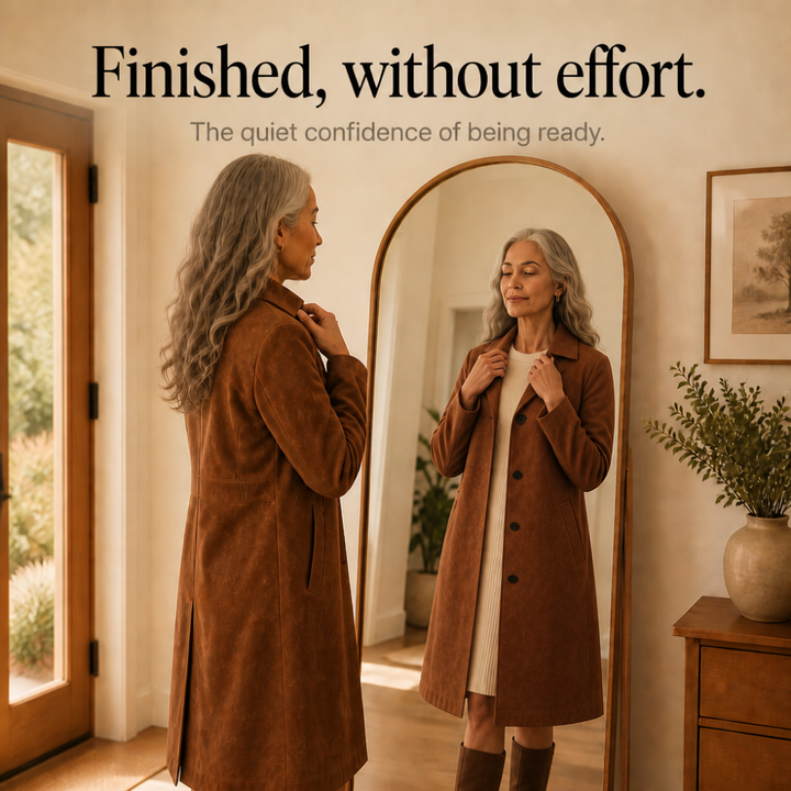 Feature panel showing the trench coat worn in front of a mirror
