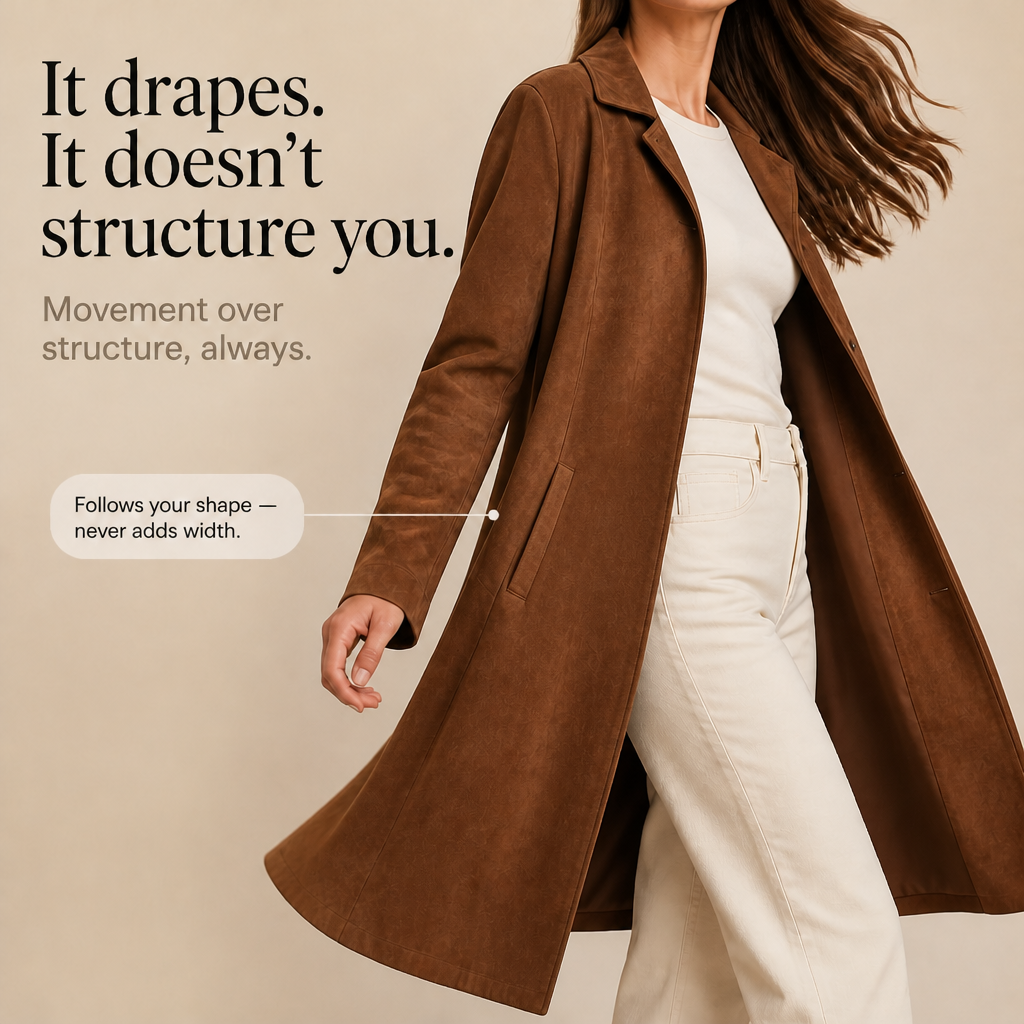 Feature panel showing how the faux suede trench coat drapes in motion