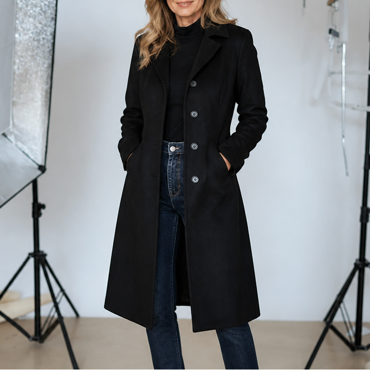 Black faux suede unstructured trench coat with a button front