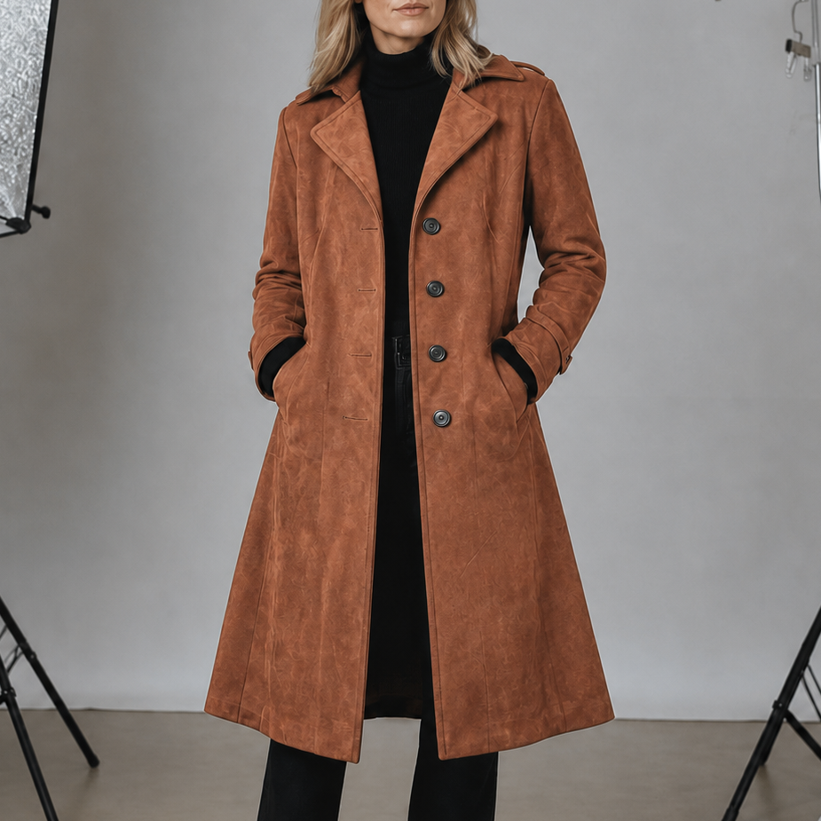 Tan faux suede unstructured trench coat with a notch collar