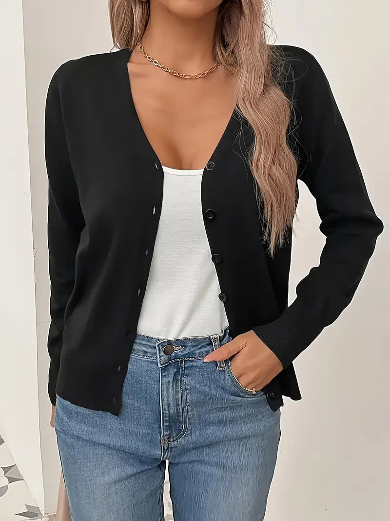Fine Knit V-Neck Button Cardigan