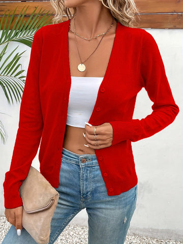 Fine Knit V-Neck Button Cardigan