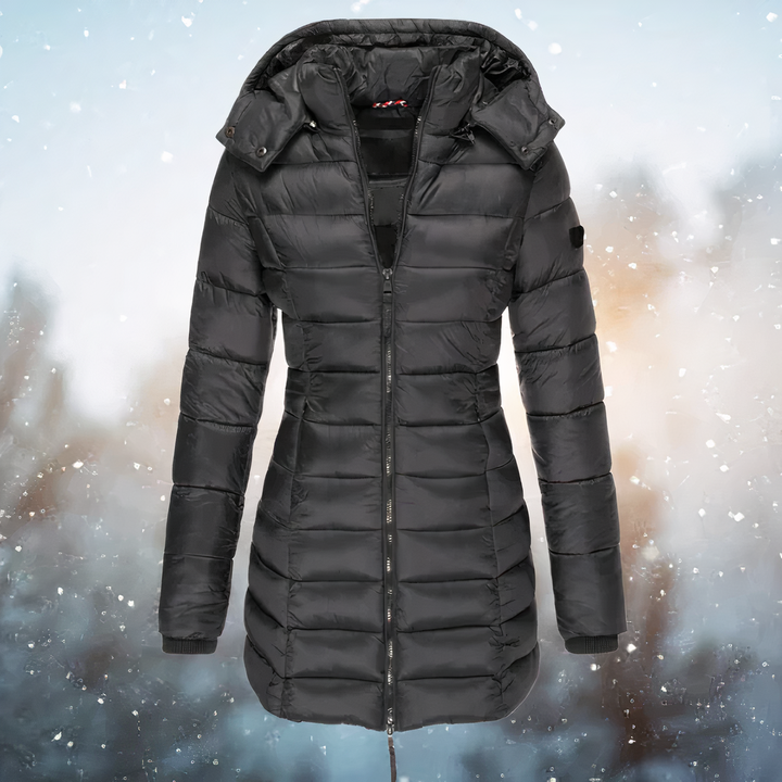 Charcoal fitted waist puffer coat with a detachable hood