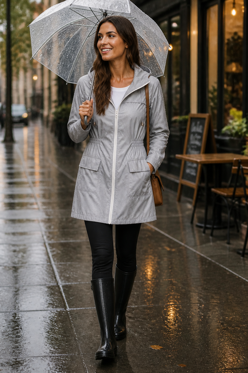 Woman with an umbrella in a grey rain jacket and tall black boots