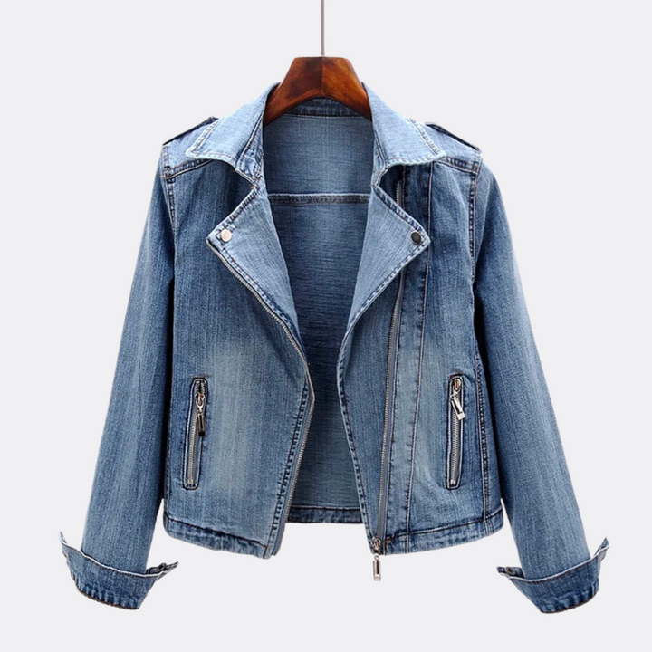 Fitted Zip-Front Denim Moto Jacket
