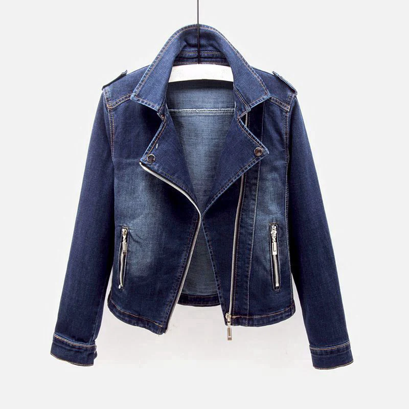 Fitted Zip-Front Denim Moto Jacket