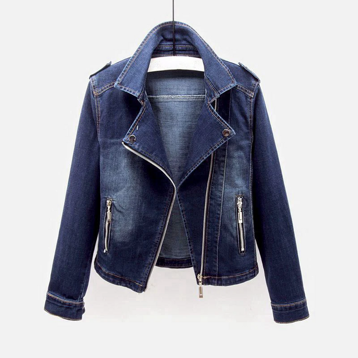 Dark wash fitted denim moto jacket with an asymmetric zip