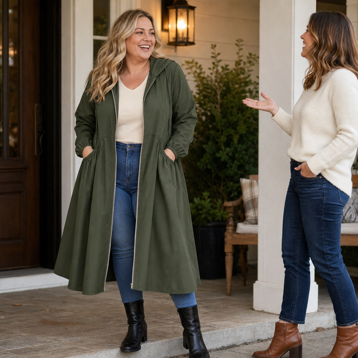 Two women at a front door, one in an olive peplum rain jacket