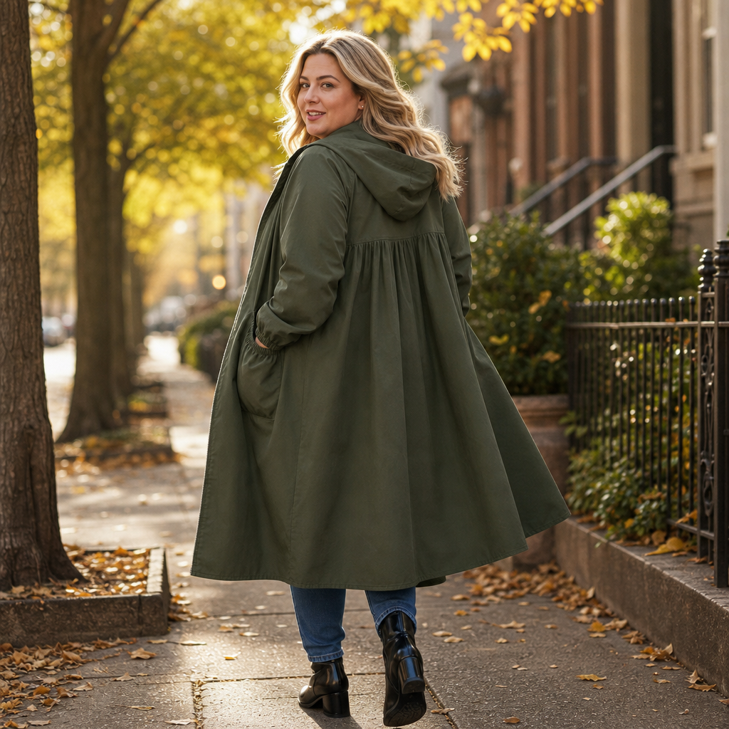 Woman on an autumn street in an olive flared hem rain jacket