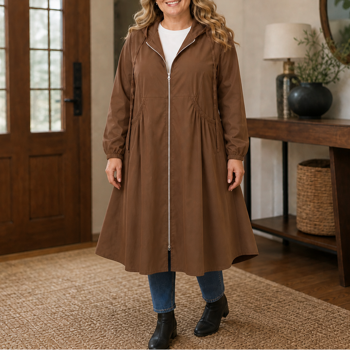Brown flared hem peplum rain jacket with a zip front