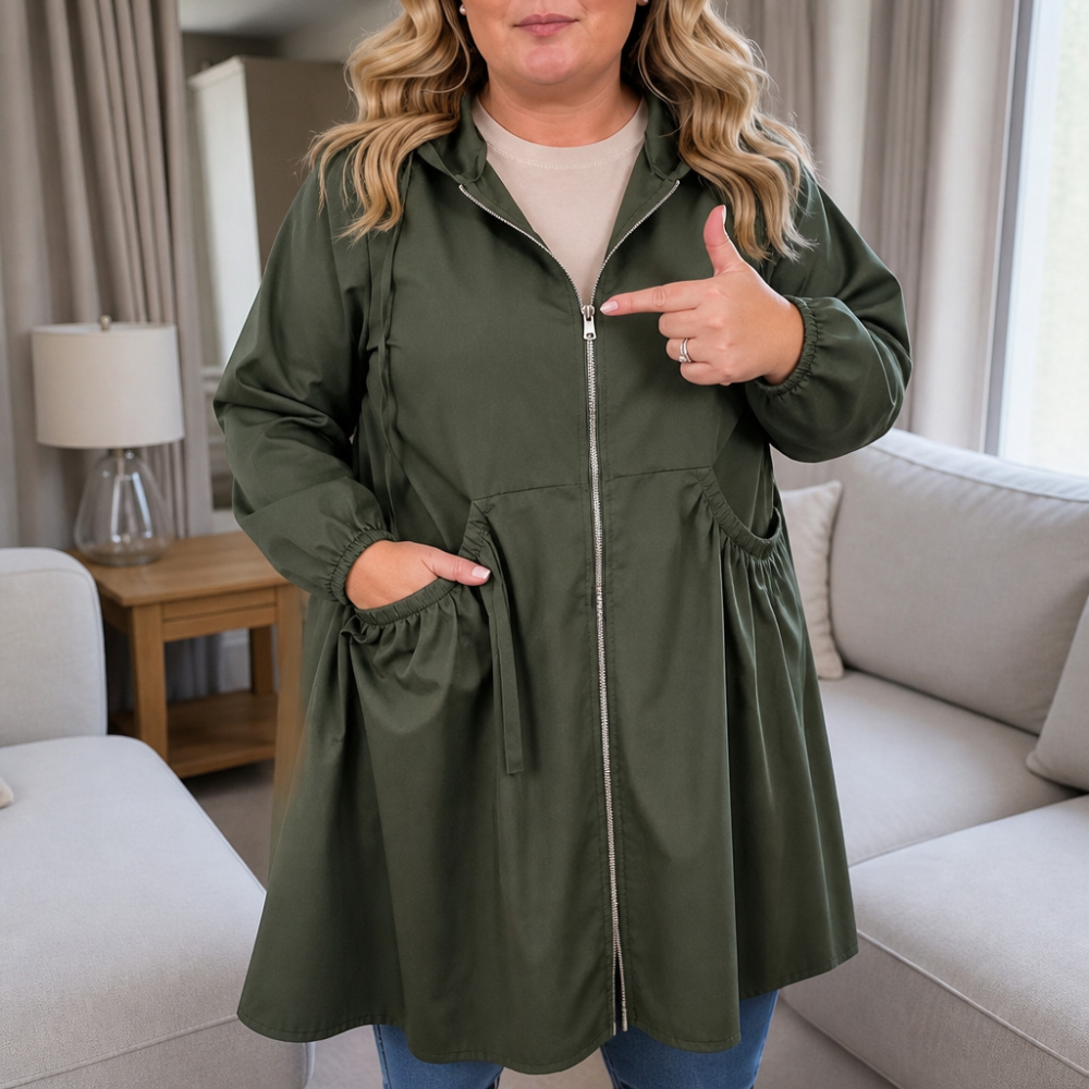 Olive rain jacket with a gathered waist and flared peplum hem