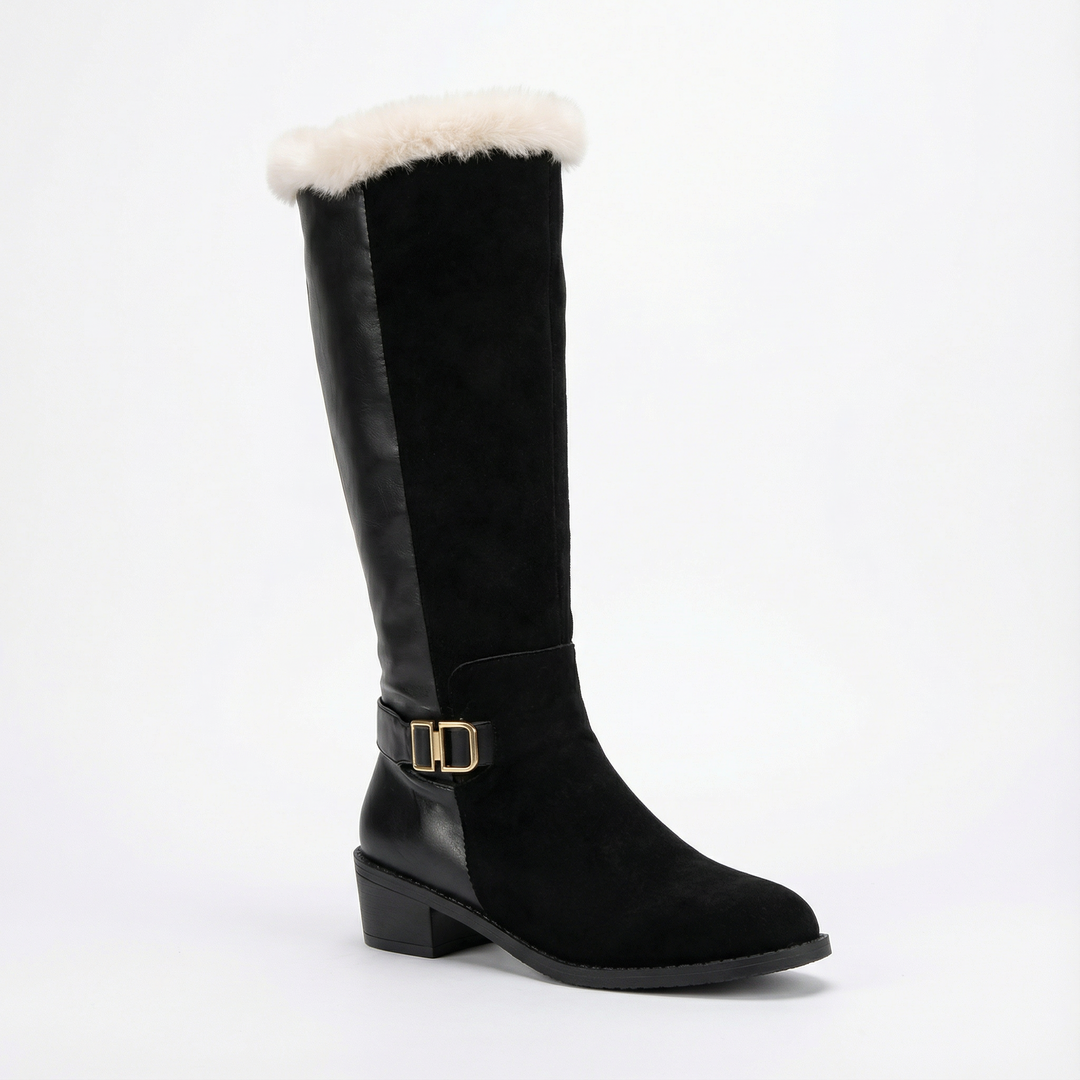 Black fleece lined knee high boot with a fur cuff and block heel