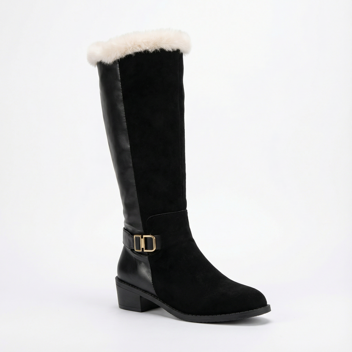 Black fleece lined knee high boot with a fur cuff and block heel