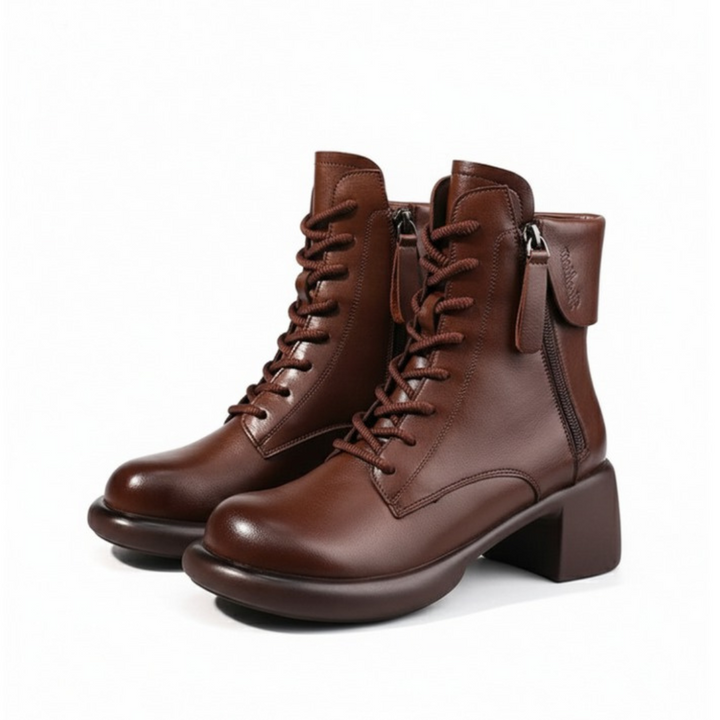 Pair of brown leather lace-up ankle boots with block heel, side zip and round toe