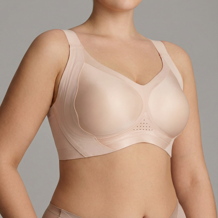 Blush wireless bra front view showing the mesh panel across the band