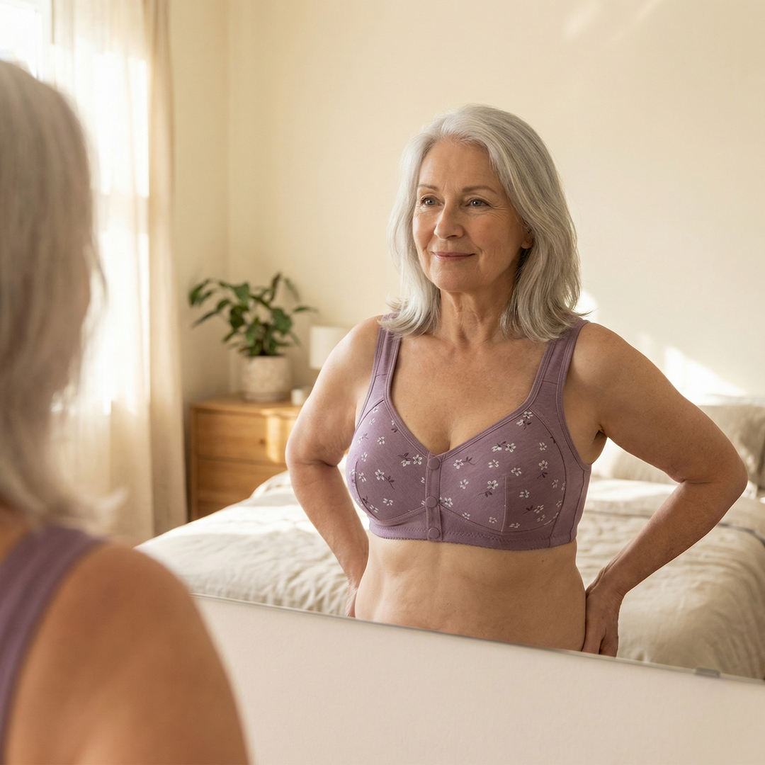 Woman in a lilac daisy print front-button bra by a window