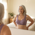 Woman in a lilac daisy print front-button bra by a window