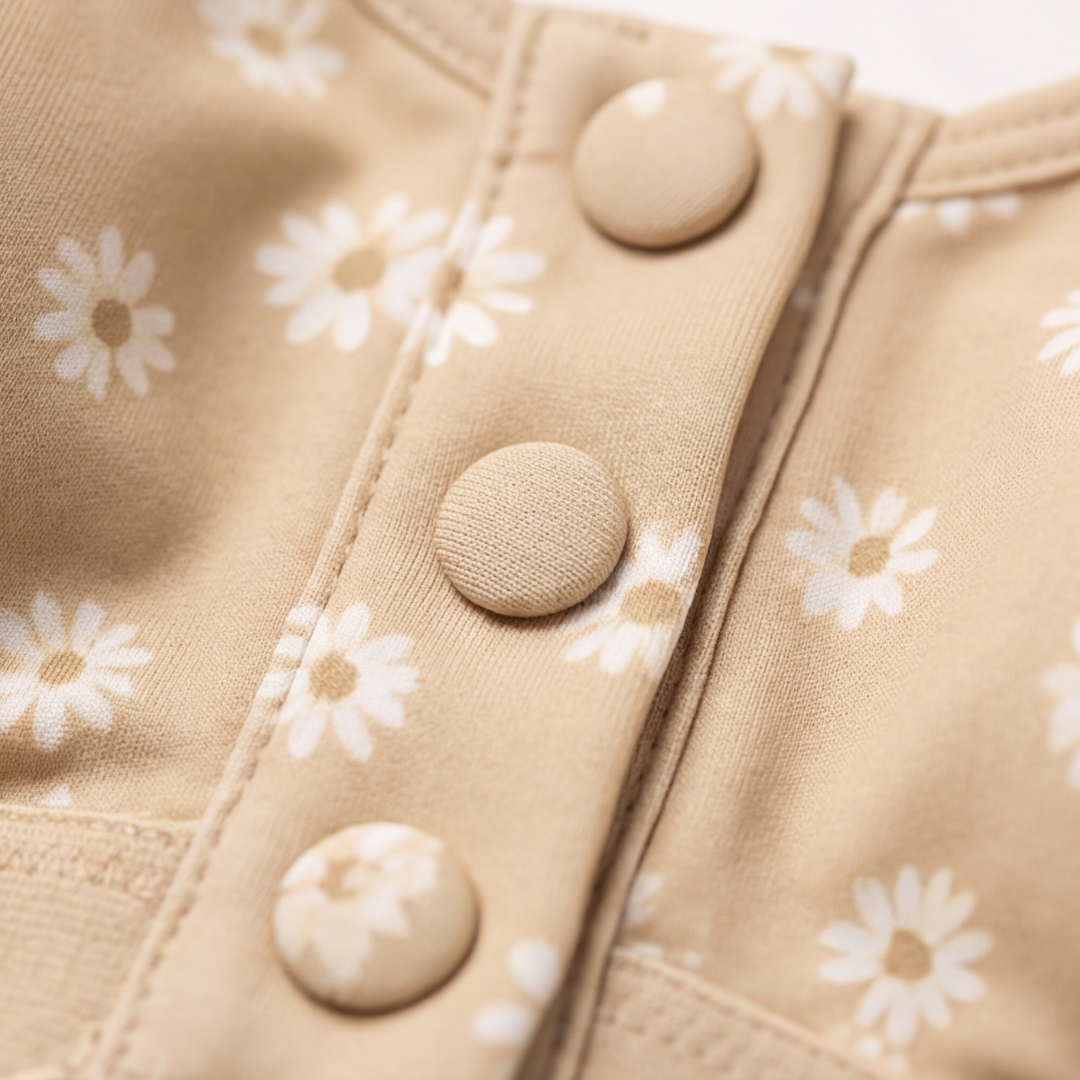 Close-up of the covered front buttons on daisy print fabric