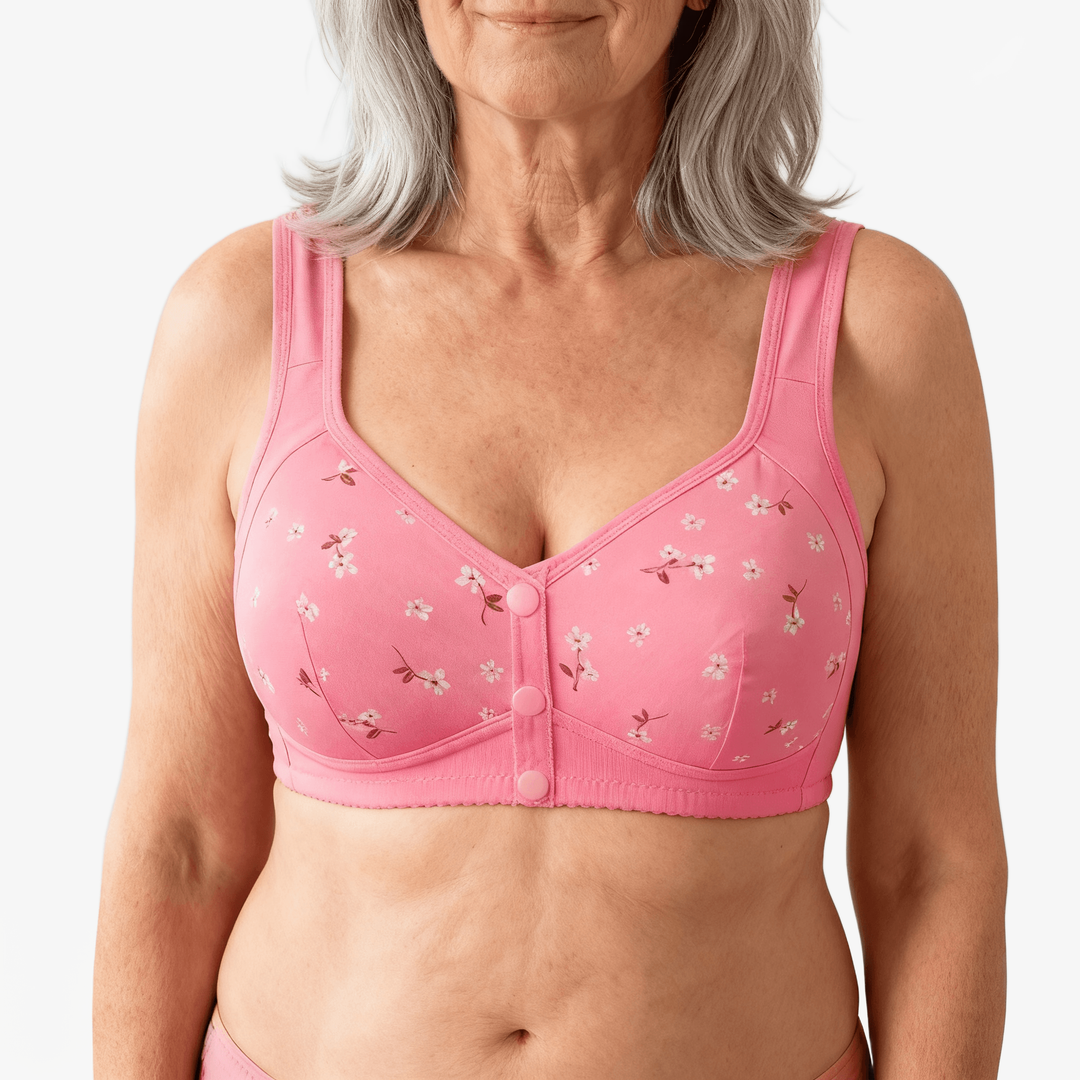 Pink floral print front-button bra worn on a body