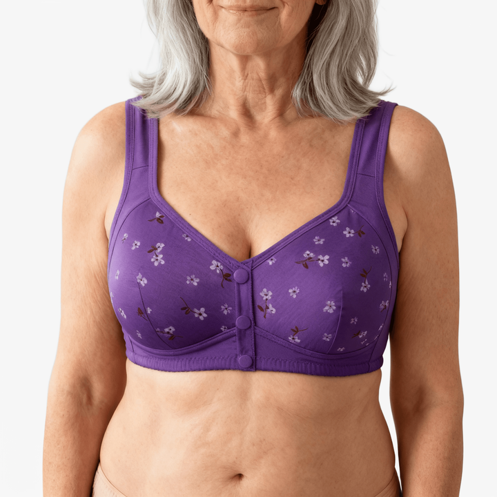 Purple floral print front-button bra worn on a body