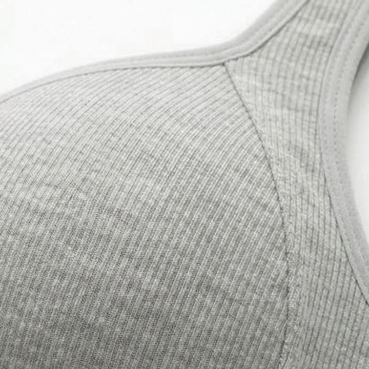 Close-up of the grey ribbed cotton knit fabric