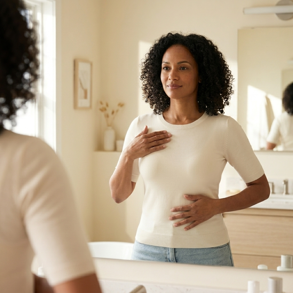 Woman at a mirror in a cream knit top and jeans