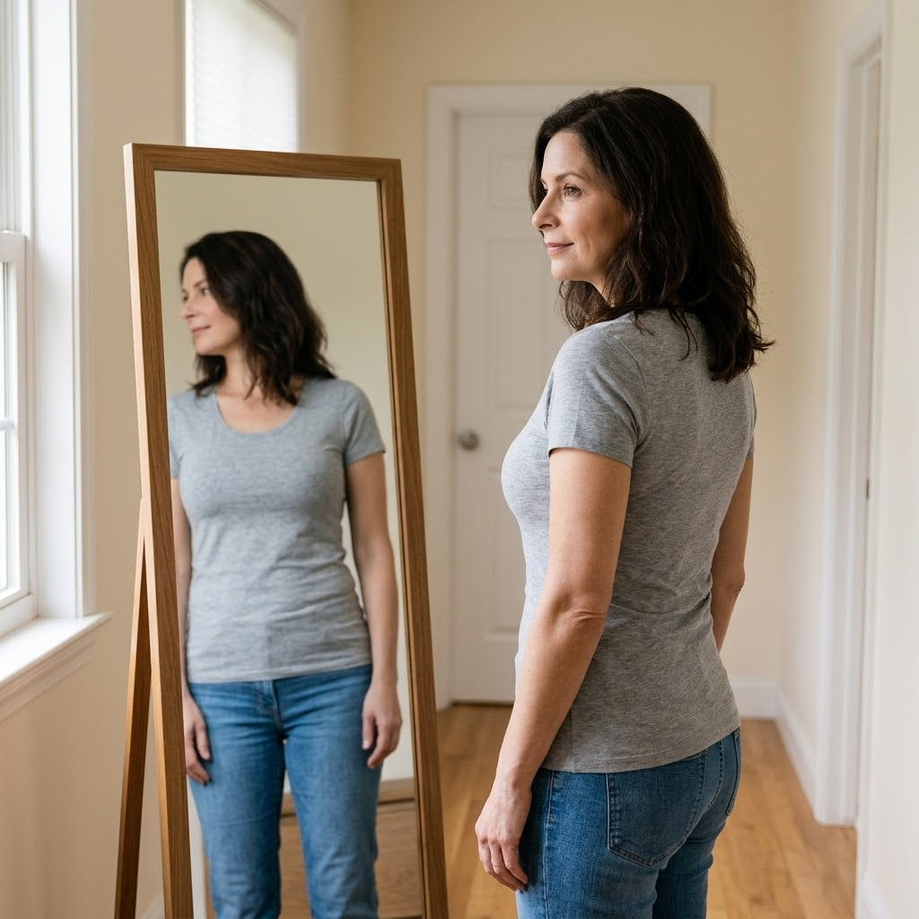 Woman at a full length mirror in a grey tee and jeans