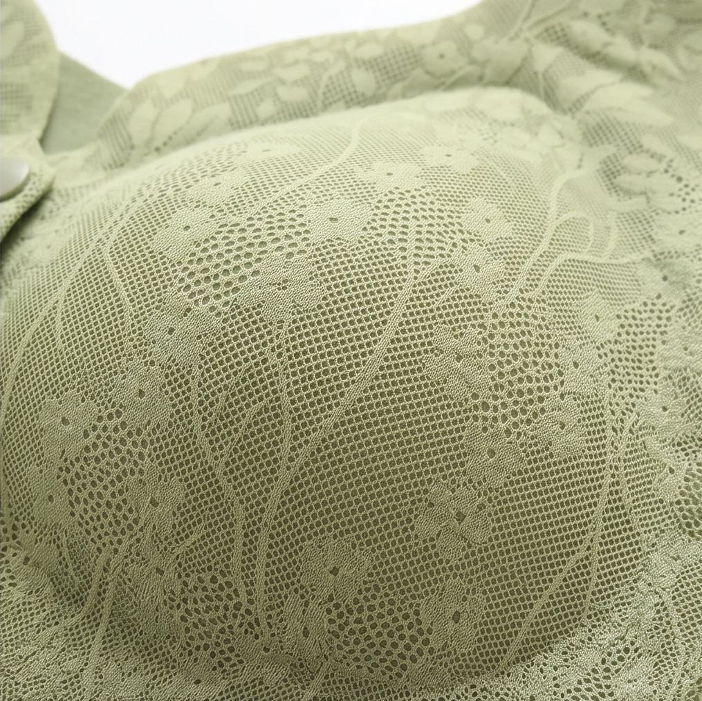 Close-up of the sage floral lace on the bra cup