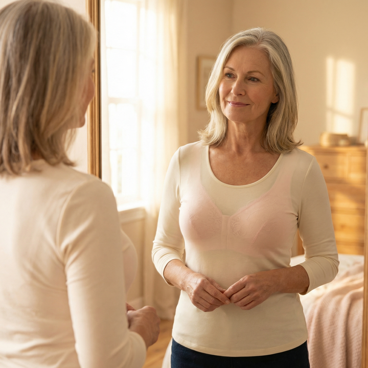 Woman in a cream long sleeve top with the bra worn underneath