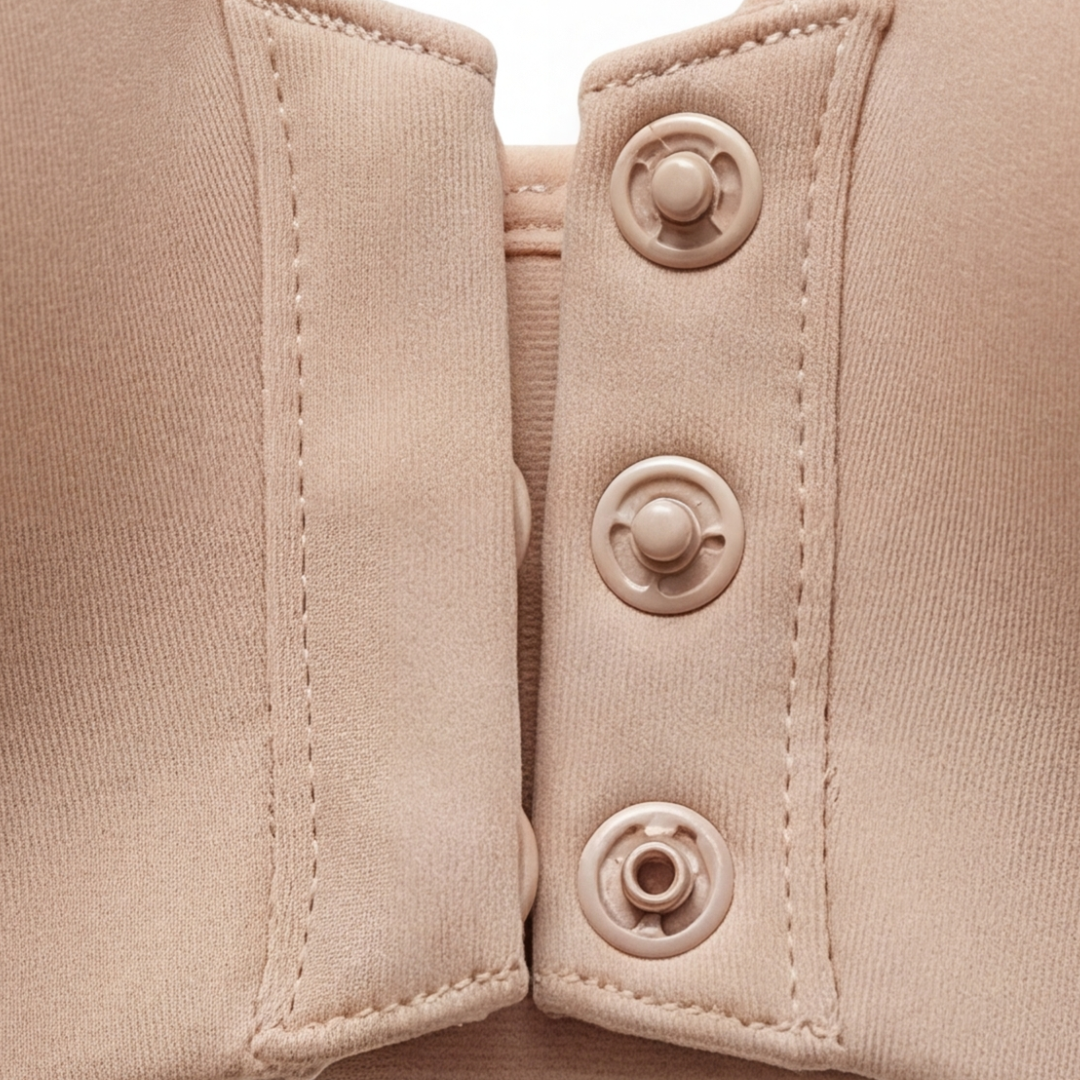 Close-up of the three front snap fasteners
