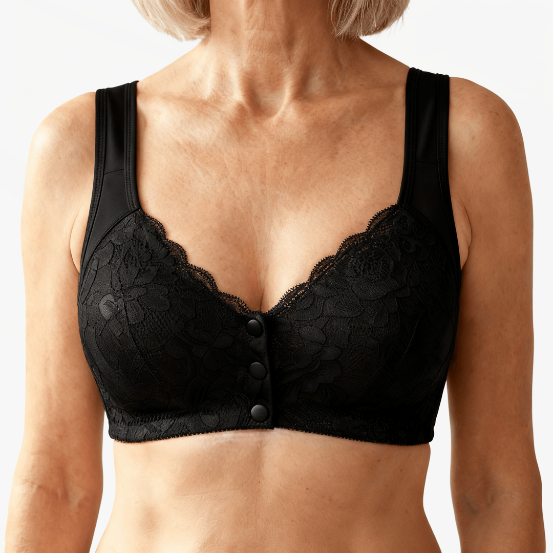 Black lace front-snap bra with wide shoulder straps