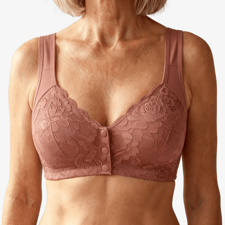 Rose front-snap lace bra worn on a body