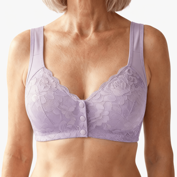 Lilac front-snap lace bra worn on a body