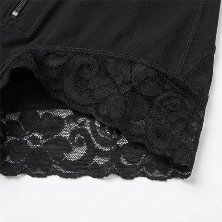 Close-up of the black lace leg trim on a shaping bodysuit