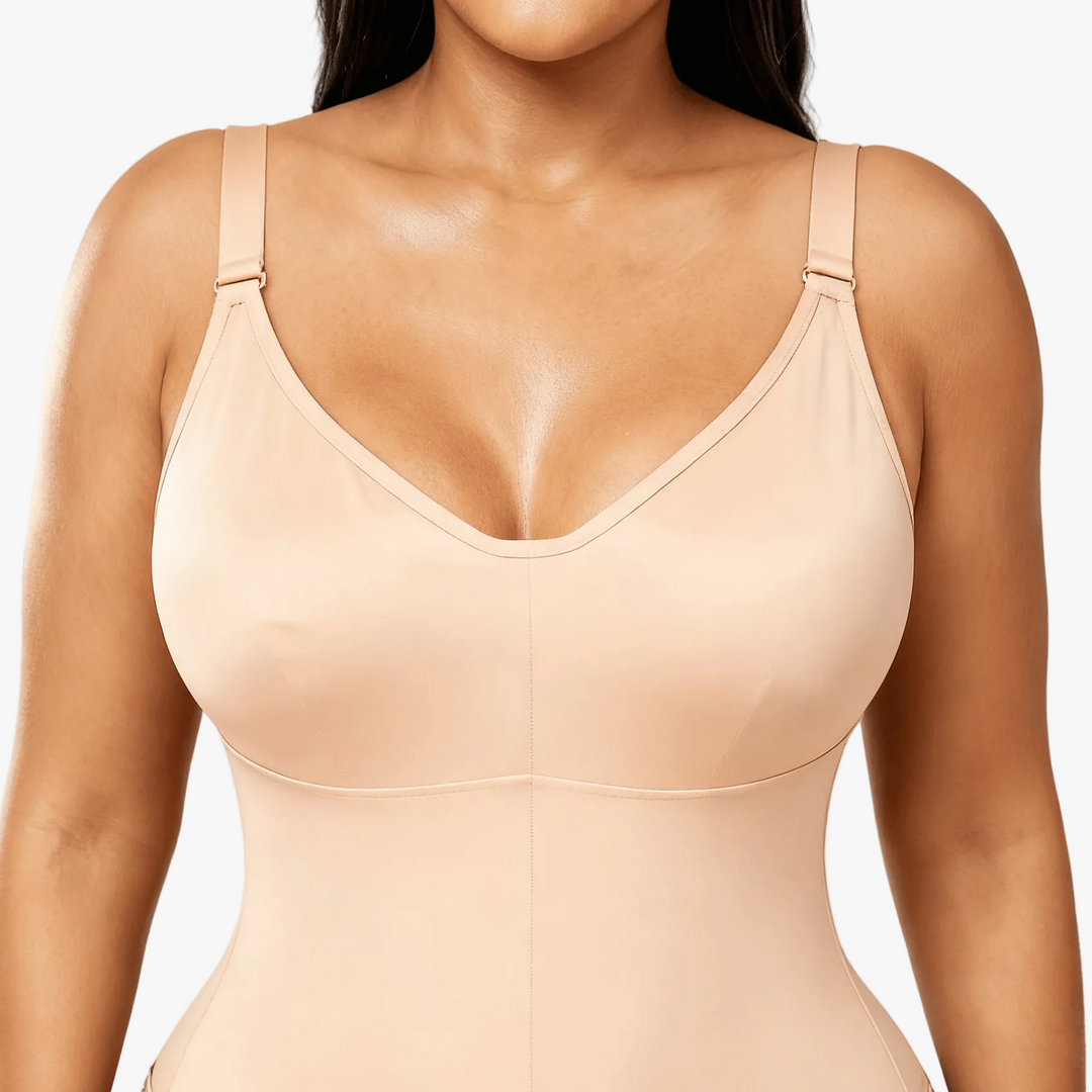 Nude front-zip shaping bodysuit worn on a body