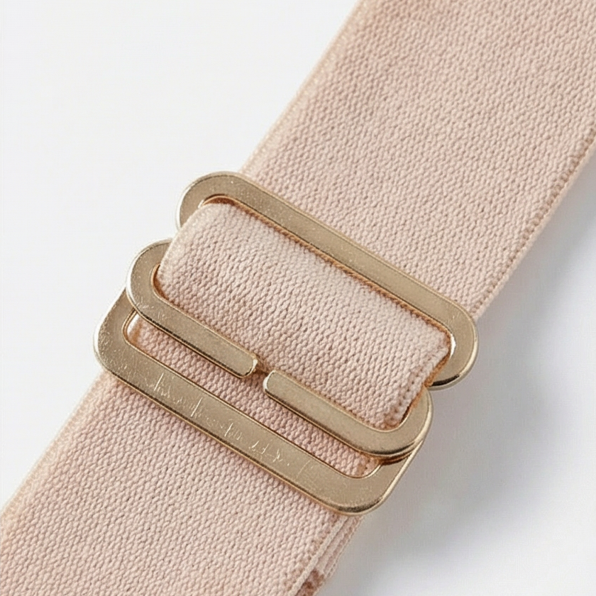 Gold double slider on a blush bra strap