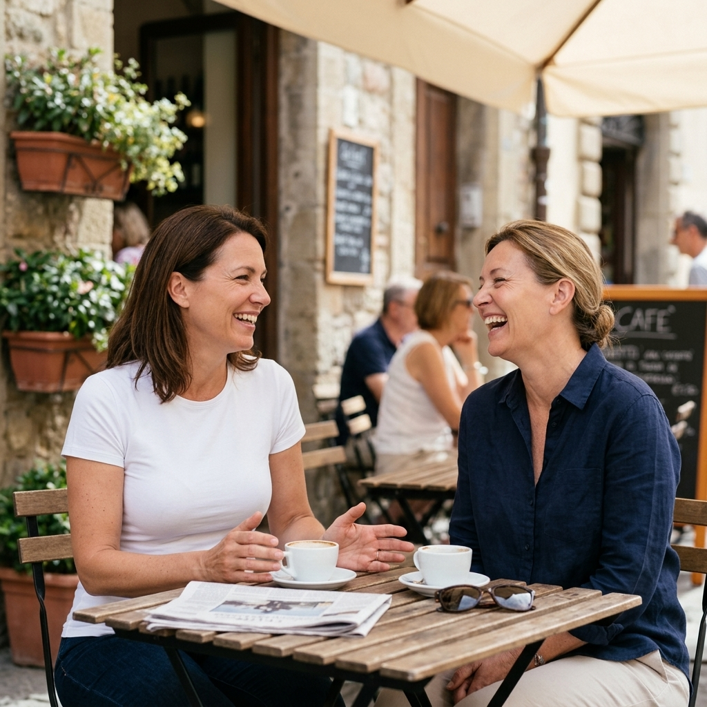 Two women talking over coffee at an outdoor cafe