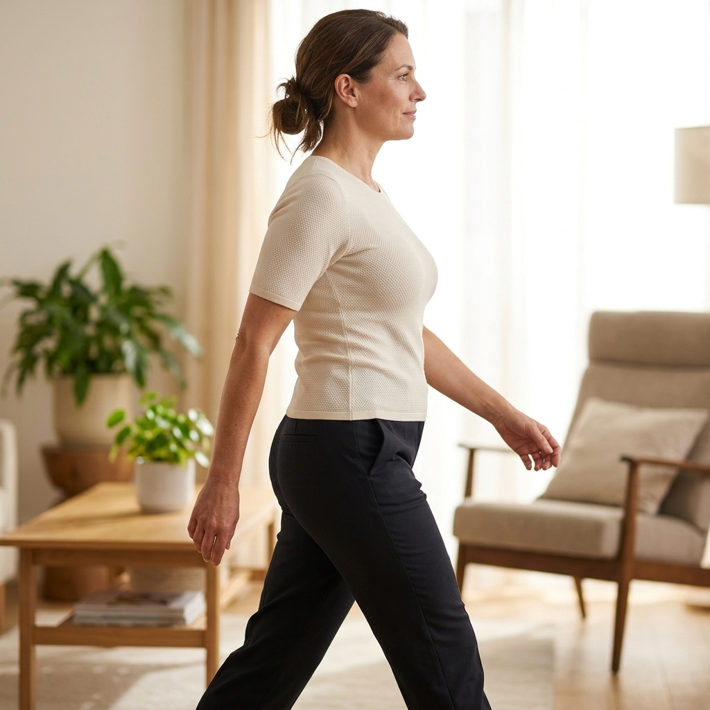 Woman walking in a cream tee and black trousers