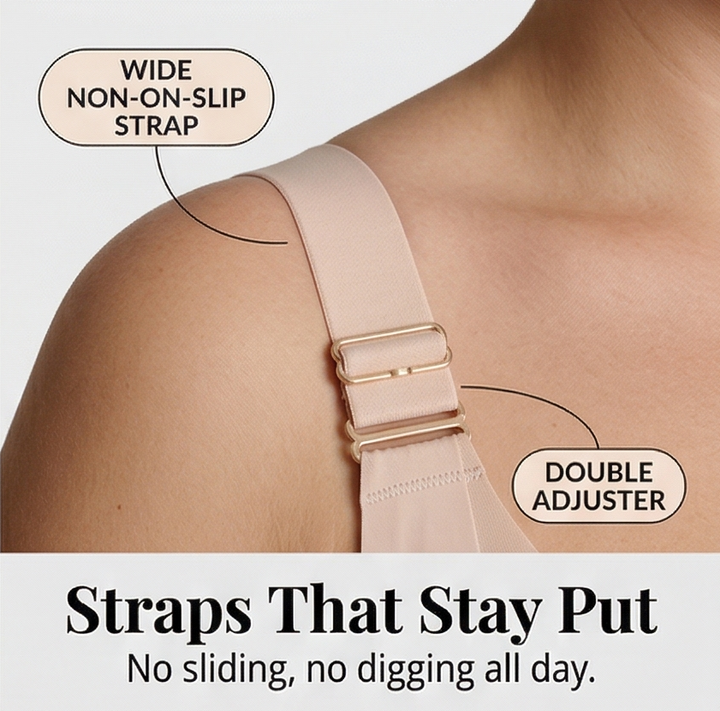 Feature panel with callouts on the wide non-slip strap