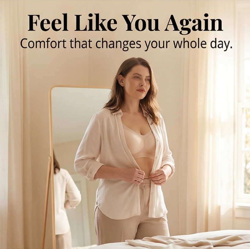 Feature panel of a woman buttoning a shirt at a mirror