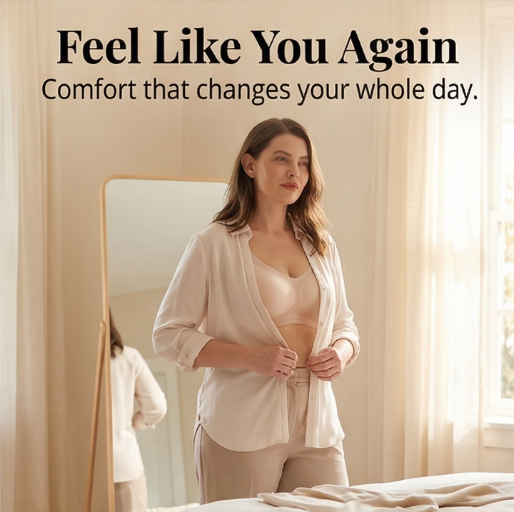 Feature panel of a woman buttoning a shirt at a mirror