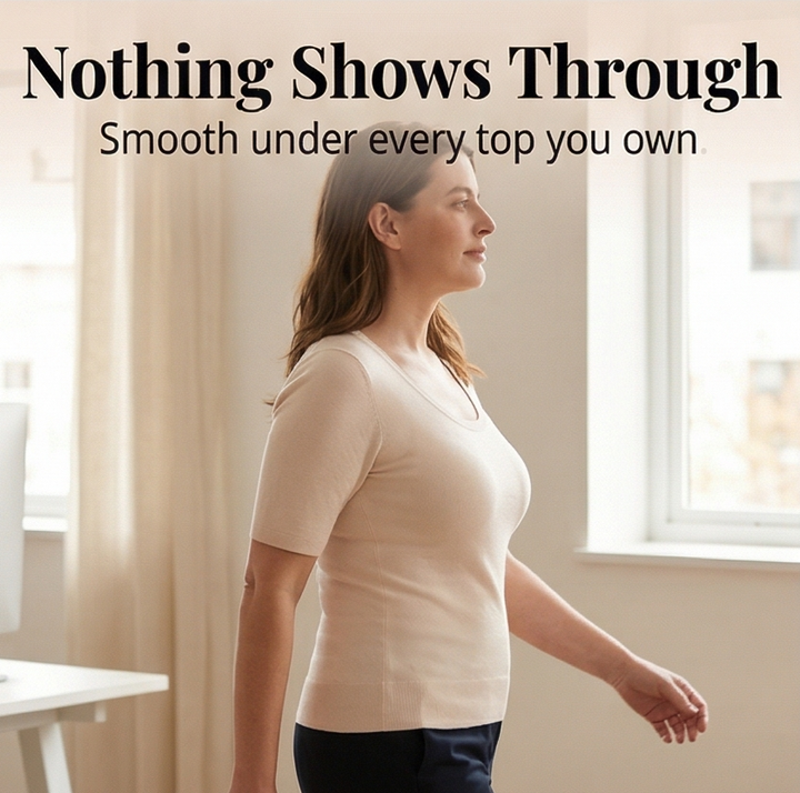 Feature panel of the bra worn under a fitted cream tee