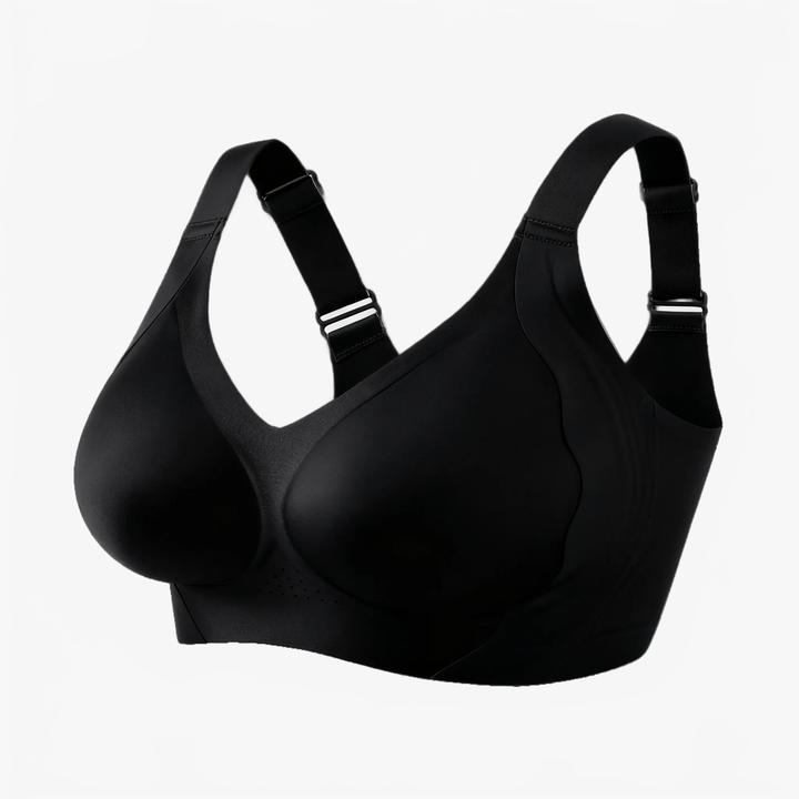 Black wide-band wireless bra shown at an angle on white