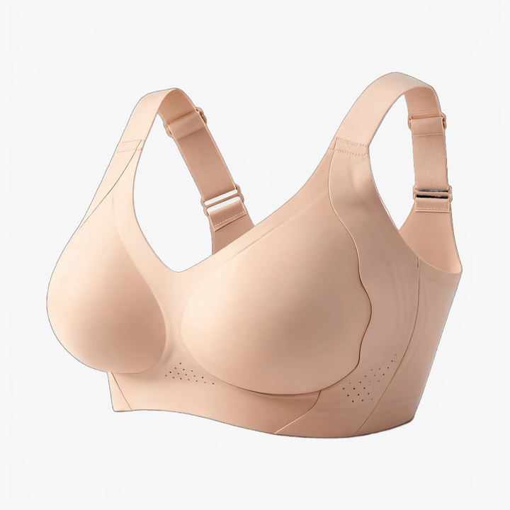 Nude wide-band wireless bra shown at an angle on white