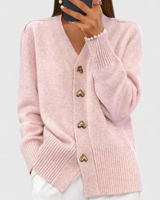 Heart Button V-Neck Knit Cardigan