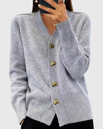Heart Button V-Neck Knit Cardigan