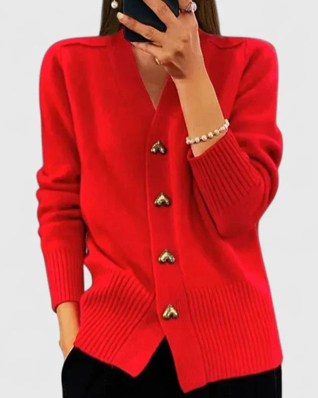 Heart Button V-Neck Knit Cardigan