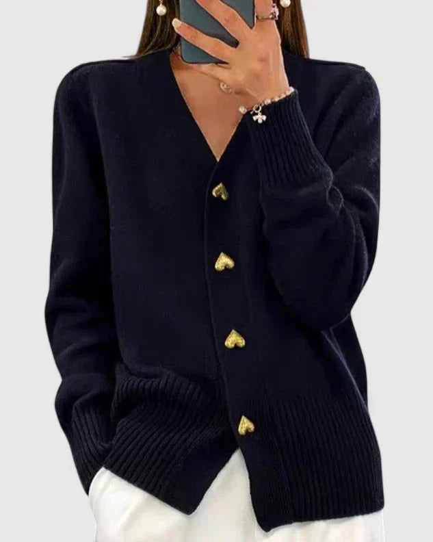 Heart Button V-Neck Knit Cardigan