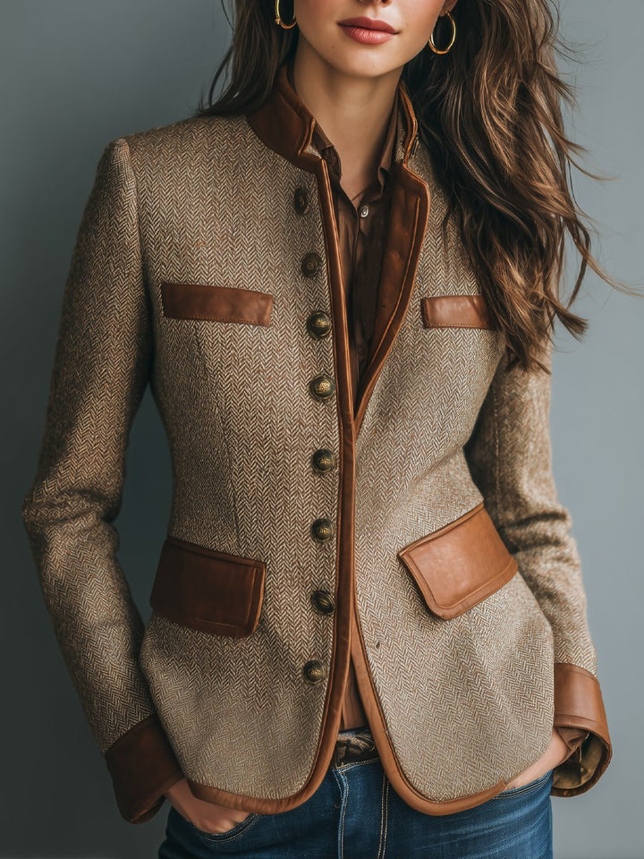 Herringbone Tweed Button-Front Jacket
