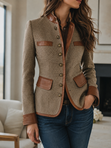 Herringbone Tweed Button-Front Jacket